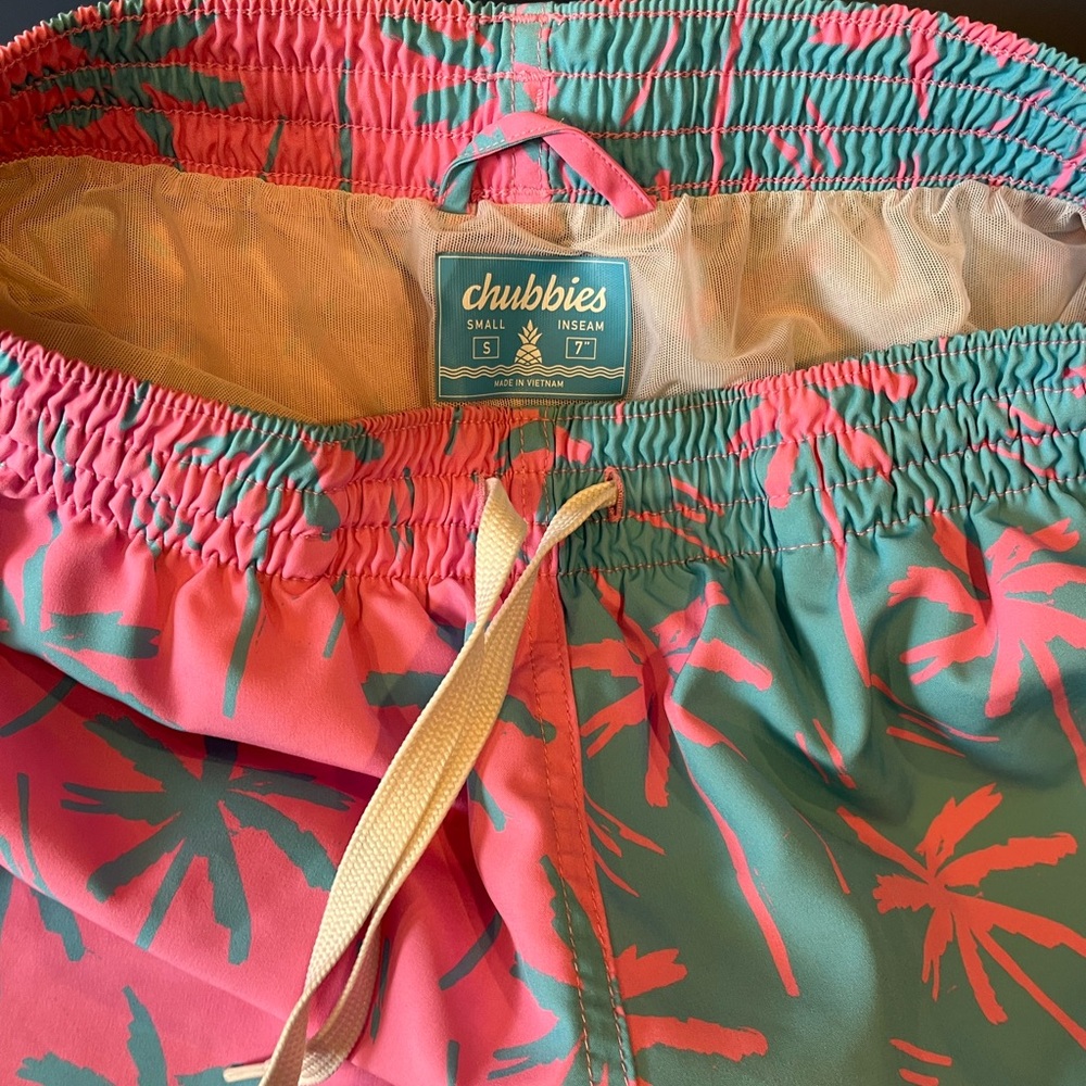 Chubbies Pink and Teal Palm Swim Shorts